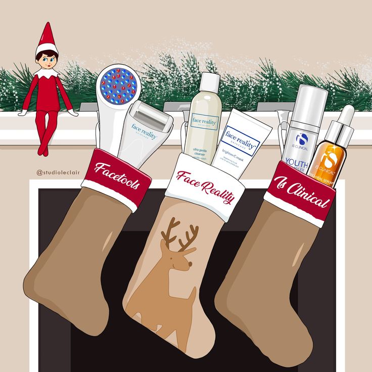 an elf is standing next to christmas stockings with personal care products on them and the socks