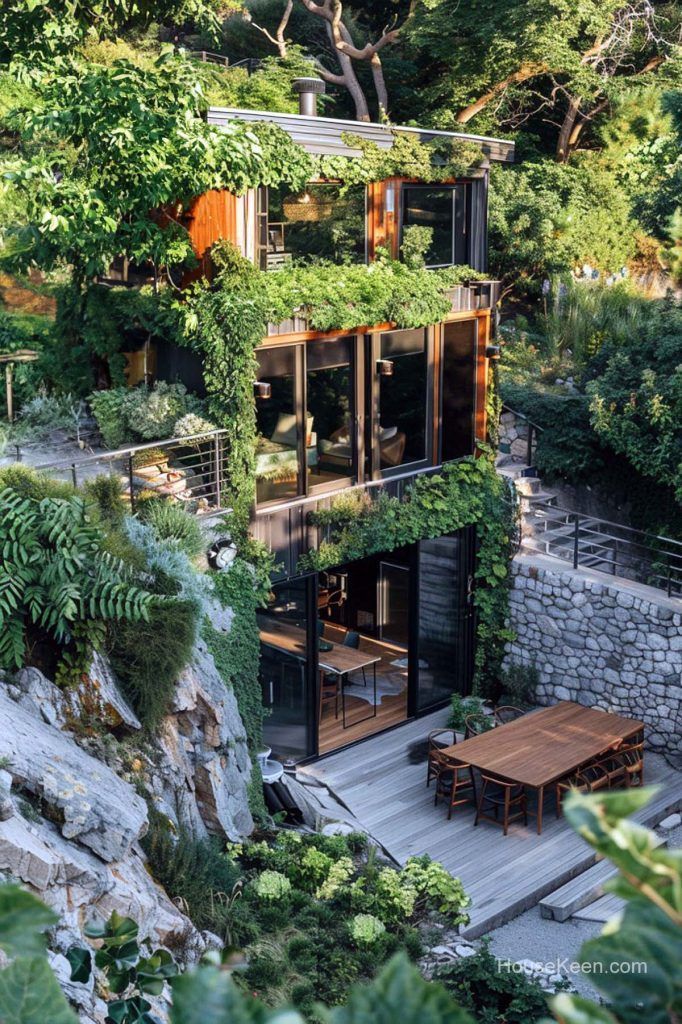 the house is surrounded by greenery and rocks