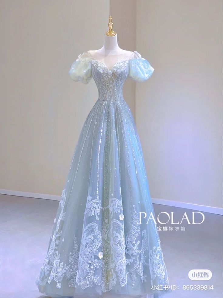 Bridgerton Gown Ideas, Light Blue A Line Dress, Ice Blue Dress Long Sleeve, Camille Astethic, Light Blue Dresses Prom, Bridgerton Inspired Dresses Formal, Royalcore Prom Dress, Bridgerton Prom Dresses Inspired, Casual Fancy Dress