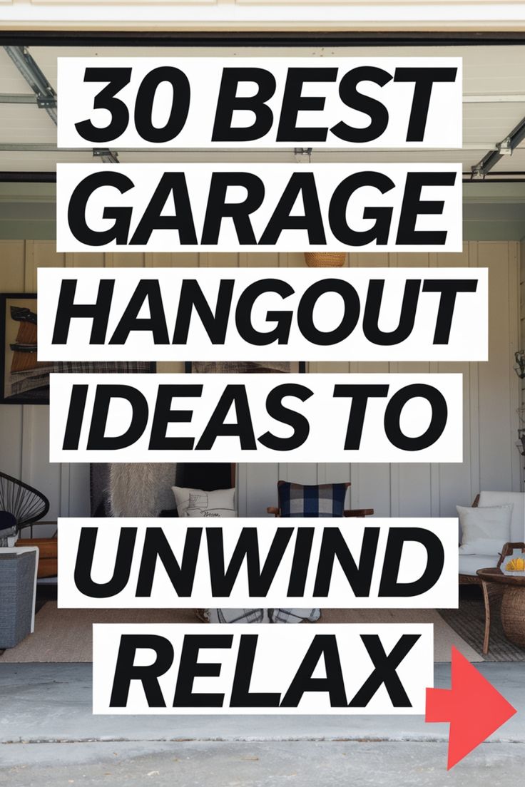 "30 Best Garage Hangout Ideas to Unwind and Relax" text overlay on a cozy garage interior. Garage Outdoor Living Space, Man Cave In Garage Ideas, Garage Pool Table Room Ideas, Garage Stereo Ideas, Converting Half A Garage Into A Living Space, Basement Garage Conversion, Garage Man Cave Bar Ideas, Garage Entertaining Space Ideas, Garage Sports Bar