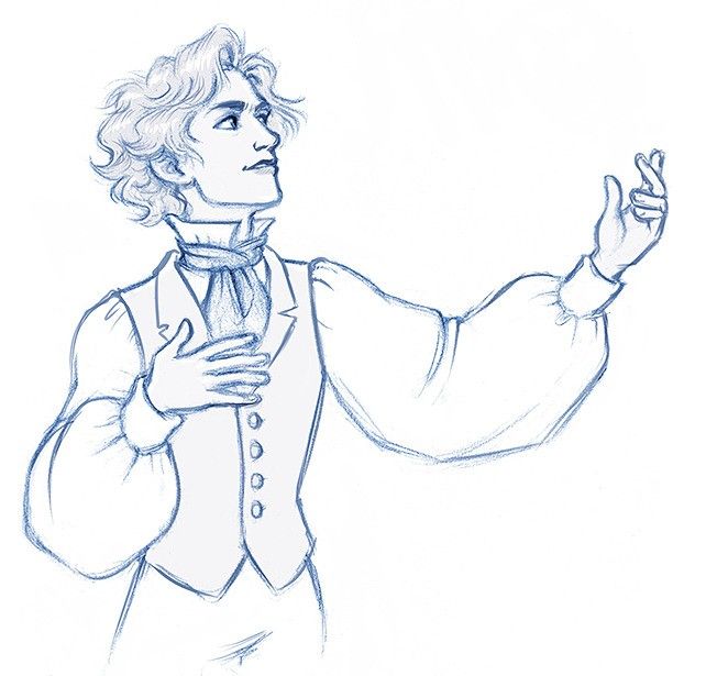 a drawing of a man in a vest and tie holding his hand out to the side