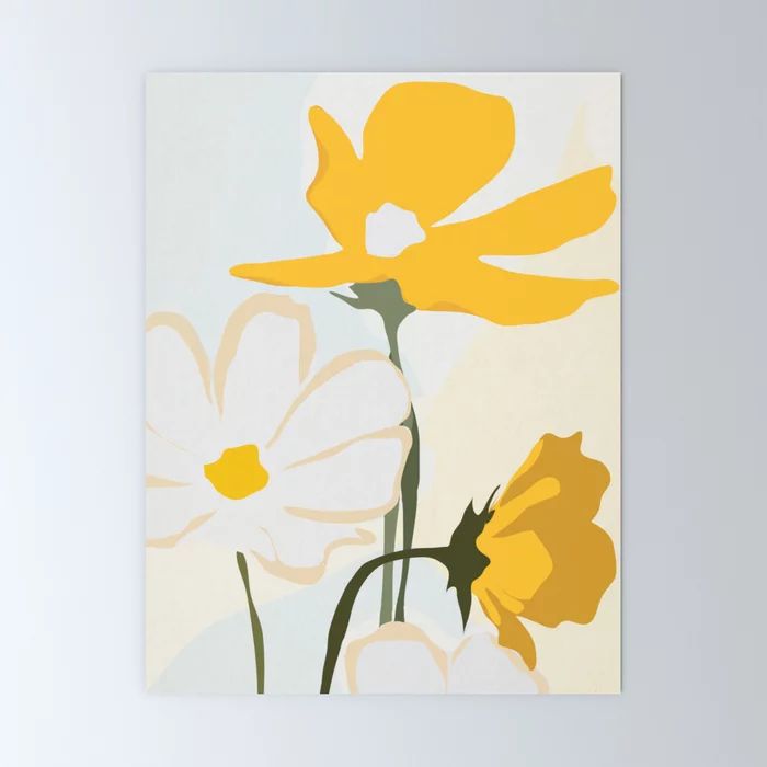 yellow and white flowers on a light blue background canvas wall art print by artist uma