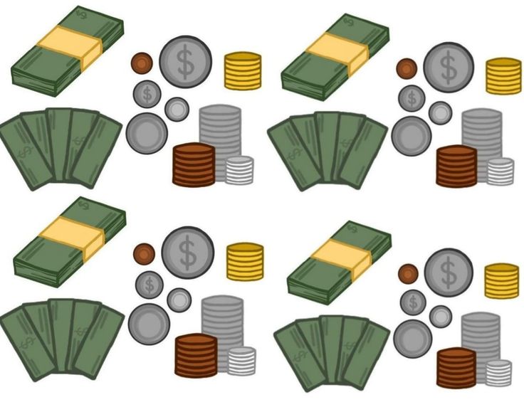 several stacks of money and coins with one dollar on top, the other in different positions