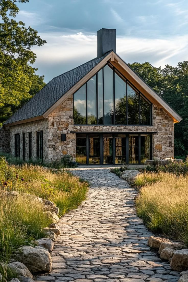 a stone path leading to a house with large windows