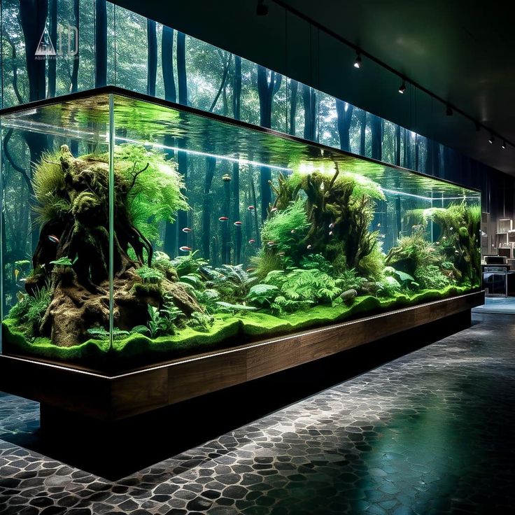 an aquarium filled with lots of green plants and algaes in a dark, dimly lit room