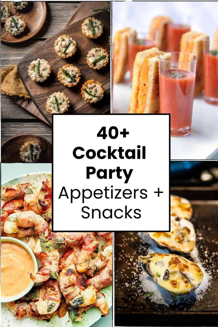 cocktail party appetizers and snacks with text overlay