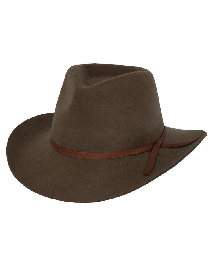 Nelson | Wool Felt Hats by Outback Trading Company | OutbackTrading.com Classic Leather Felt Hat With Curved Brim, Brown Leather Felt Hat For Rodeo, Classic Brown Top Hat For Country Events, Formal Leather Felt Hat With Short Brim, Elegant Leather Felt Hat With Flat Brim, Elegant Leather Brimmed Felt Hat, Elegant Brimmed Leather Felt Hat, Classic Fur Felt Hats For Western-themed Events, Classic Brown Felt Hat With Flat Crown