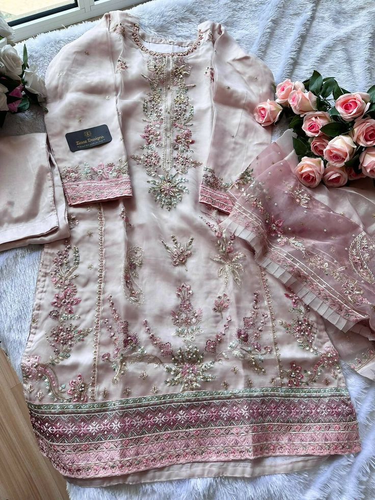 Organza Embroidered, handwork and moti work custom stitched suits with Organza Embroidered frill dupatta and santoon inner and bottom. Pink Pakistani Dress, Frill Dupatta, Simple Suit Designs, Dress Design Pakistani, Traditional Baby Clothes, Moti Work, Desi Dress, Organza Suits, Lace Dress Design