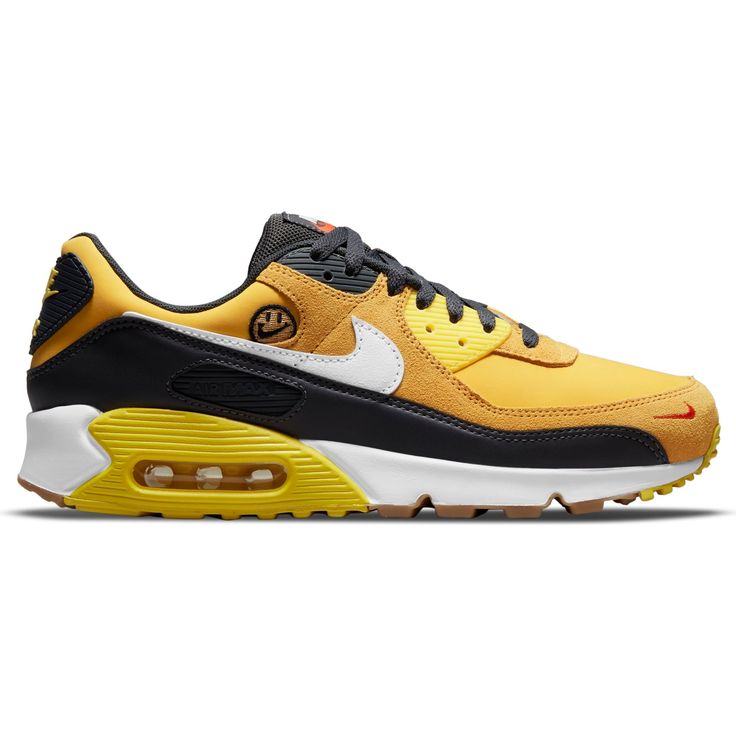 Men's Nike Air Max 90 SE GO THE EXTRA SMILE.Strap a little smile to your feet with the Nike Air Max 90 SE. Positive vibes and fresh colors update the classic 90 aesthetic you know best: iconic Waffle sole, durable accents and visible Air cushioning.A smiley face by our iconic logo peeks out at the side, while the laces and insole remind you to go the extra smile.Originally designed for performance running, the Max Air unit in the heel adds cushioning.Stitched overlays and durable accents on the 90 Aesthetic, Nike Air Max 90 Se, Ball Logo, 90s Looks, Mens Nike Air, Iconic Logo, Nike Air Max 90, Smiley Face, Art Music