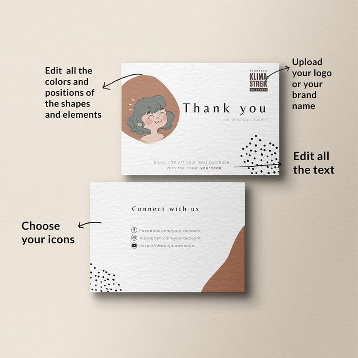 two business cards with the words thank you and an image of a woman's face