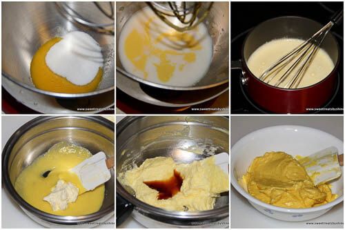 four pictures showing how to make batter in a mixing bowl