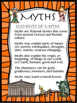 an orange and black poster with the words,'myths elements of earth '