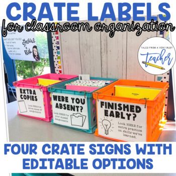 four colorful bins with labels on them and the words, create labels for classroom organization