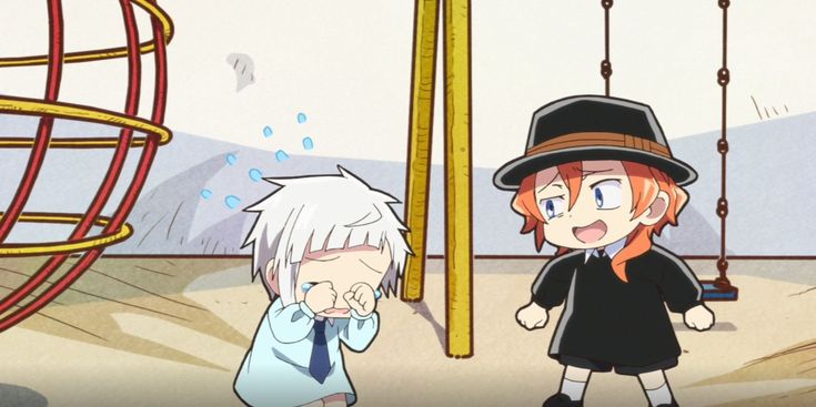 two anime characters standing in front of a swing set and one is talking to the other