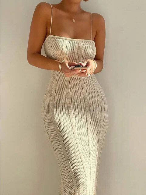 Crochet Strap Knitted Dress Sleeveless Sexy Bodycon Beach Skinny Solid Women Fashion Long Dress Knitted Maxi Dress, Elegante Casual, Mini Robes, Bodycon Maxi Dresses, Body Con Dress, Knitted Dress, Maxi Knit Dress, Dress Materials, Look Fashion