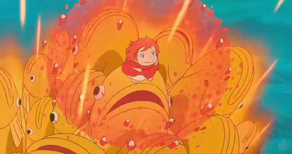 an animated character is surrounded by yellow and orange objects in the water, with bright lights coming from them