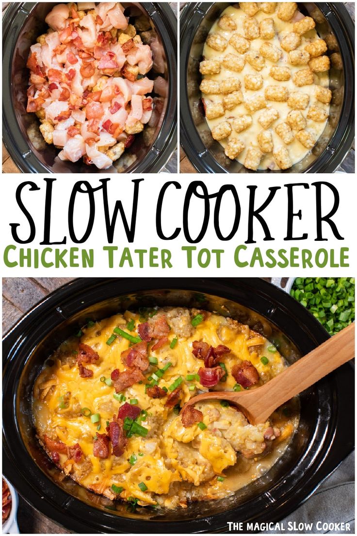 slow cooker chicken tater tot casserole is the perfect meal for busy nights