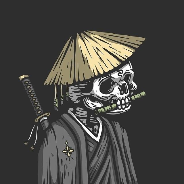 a skeleton holding a bamboo stick and wearing a hat