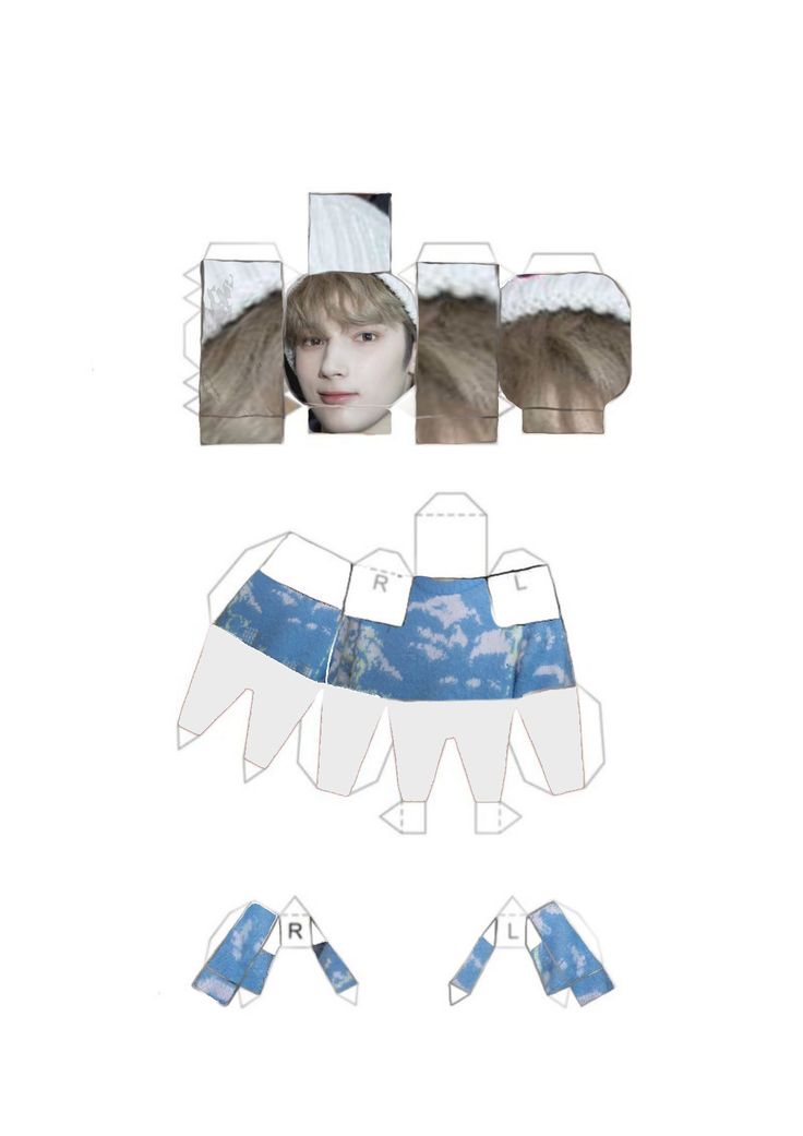 an origami paper doll is shown with the instructions to make it look like he's wearing blue and white