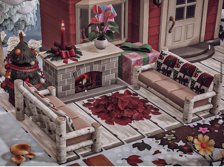 an image of a living room with fireplace and christmas decorations on the floor in front of it