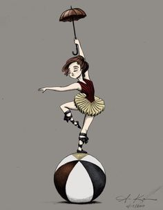 a drawing of a woman balancing on top of a ball with an umbrella over her head