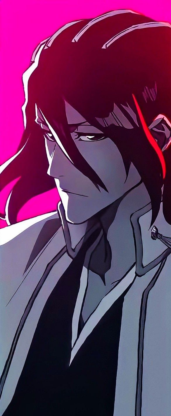 an anime character with long black hair and red eyes looking off to the side, in front of a pink background