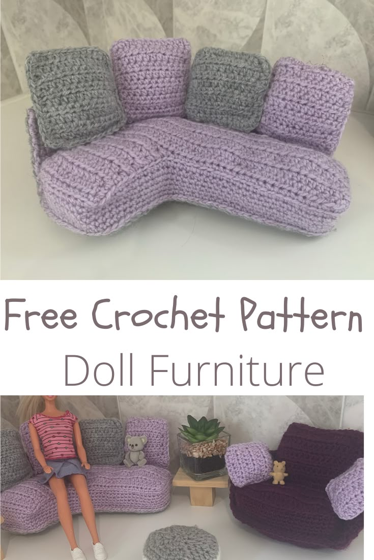 a crocheted couch and chair with the text free crochet pattern doll furniture