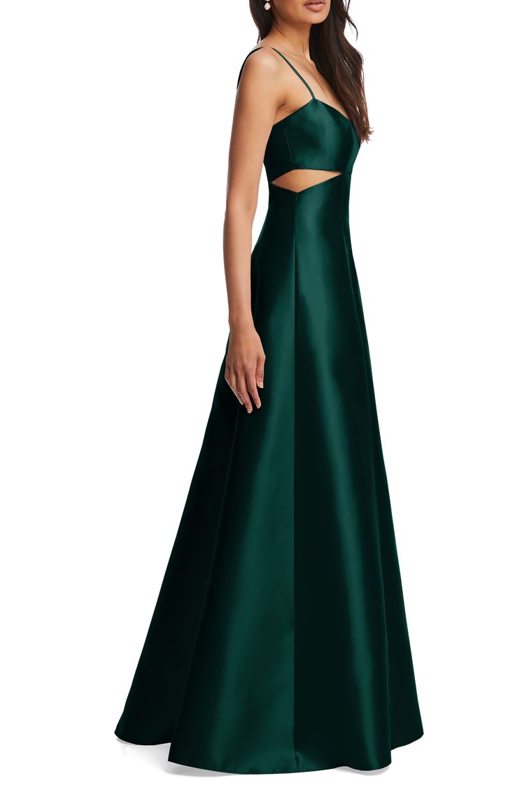 Side cutouts at the bodice bring a contemporary look to this lustrous satin gown detailed with a dancefloor-friendly front slit. 52 1/2" length (size 8) Sweetheart neck Adjustable straps Lined 100% polyester Dry clean or hand wash, line dry Imported Tale Dress, Side Cutout Dress, Cute Formal Dresses, Prom Dress Inspo, Long Green Dress, Alfred Sung, Bridesmaid Gowns, Satin Evening Dresses, Fabulous Clothes