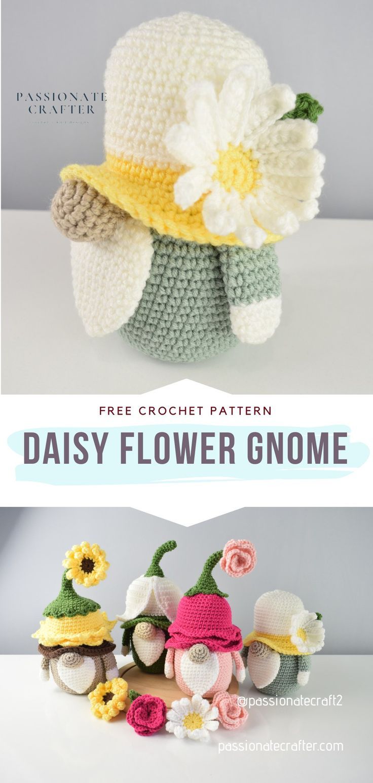 Crochet Flower Gnome Crochet Gnomes Pattern Free, Flower Gnome, Crochet Blanket Stitch Pattern, Crochet Applique Patterns Free, Crochet Flowers Easy, Crochet Patterns Free Beginner, Crochet Flowers Free Pattern, Crochet Baby Toys, Crochet Animals Free Patterns