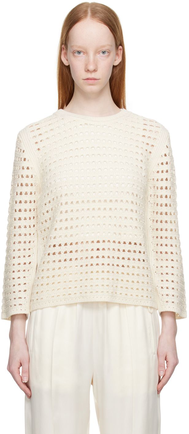 Semi-sheer wool-blend crocheted sweater. Rib knit crewneck, hem, and cuffs. Supplier color: White Chloe Clothing, Knit Crewneck, See By Chloe, White Crochet, Crochet Cardigan, Crochet Sweater, Online Shopping Clothes, Luxury Streetwear, Rib Knit