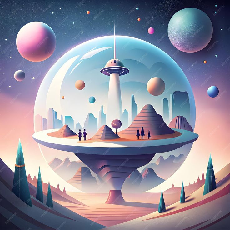 an image of a sci - fi scene with planets and people in the foreground