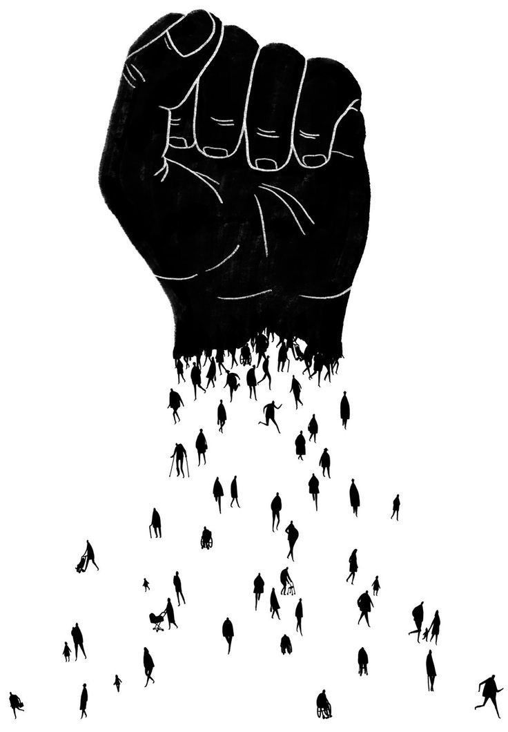 a black and white drawing of a hand with many people in the background holding up their fists