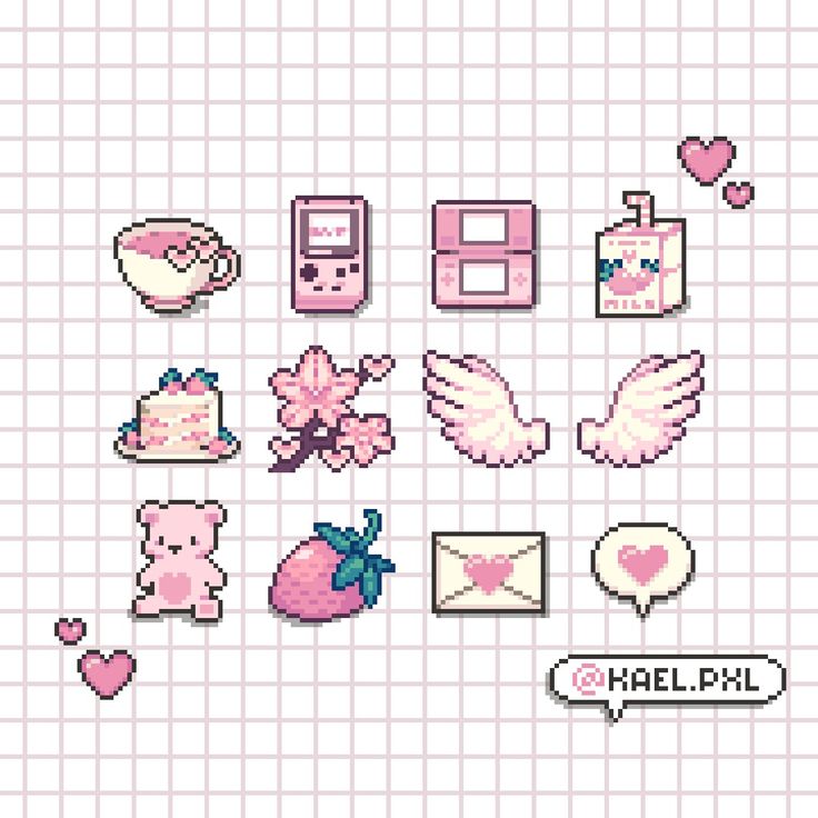 pixel art with different types of objects on the gridded background, including pink and white