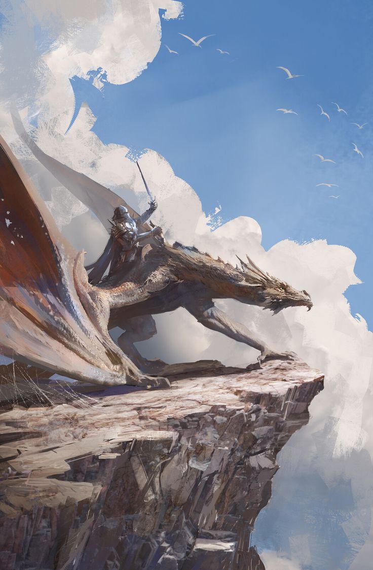 a painting of a dragon sitting on top of a cliff with clouds in the background