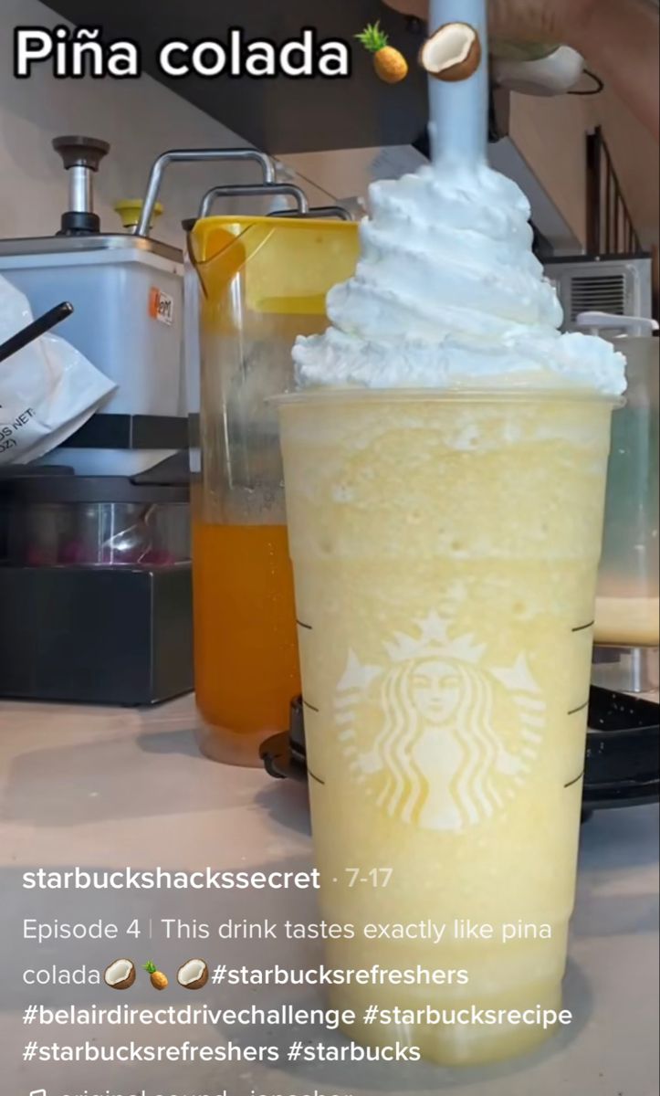 a starbucks drink with whipped cream on top and other drinks in the background, along with an instagram from pina cola