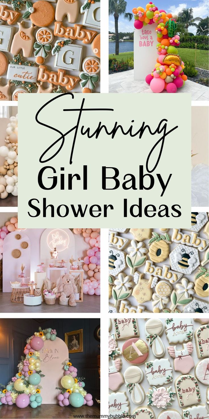 a collage of baby shower themes including cookies, cupcakes and other items