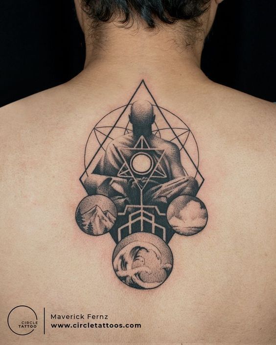 the back of a man's neck with an abstract tattoo design on his chest