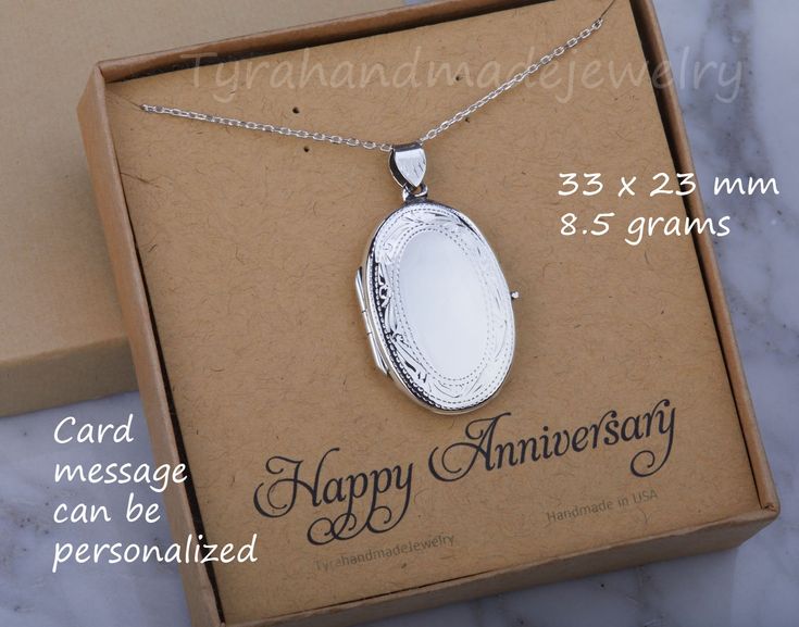 "Carrying the pictures of your loved ones close to your heart all the time, this large personalized locket necklace features: 1. a large (33 x 23 mm without bale) oval solid sterling silver locket (8.5 grams) that can be engraved on the front and back (use pulldown menu to select). Its front has an etched decorative bordered pattern while its back is plain. complex graphics (such as fingerprint) that takes long engraving time incurs a $10 surcharge. It can hold two pictures inside. Photo inserti Sterling Silver Locket Necklace For Anniversary On Mother's Day, Sterling Silver Locket Necklace For Mother's Day Anniversary, White Gold Medallion Locket Necklace For Anniversary, Personalized Oval Locket Necklace For Wedding, Classic Personalized Locket Necklace For Wedding, Elegant Personalized Locket Necklace For Anniversary, White Engraved Locket Necklace For Anniversary, Anniversary Medallion Locket Necklace With Hallmark, Sterling Silver Keepsake Jewelry With Engraved Text