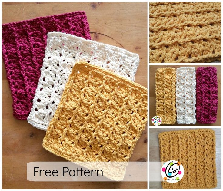 crocheted dishcloths are shown with the text free pattern on top and bottom