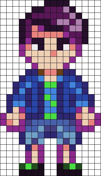 a pixellated image of a woman in purple and blue