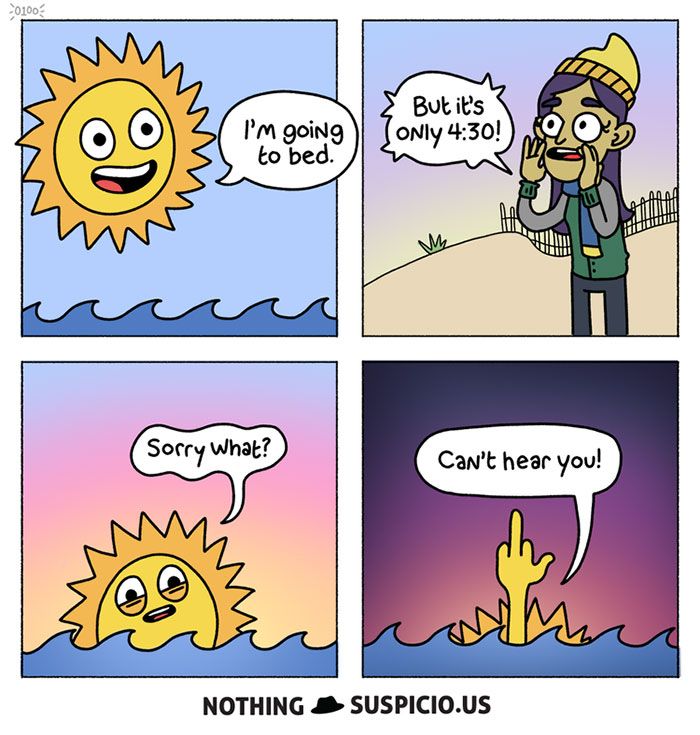 comic strip with sun saying sorry, i'm going to bed and another cartoon that is