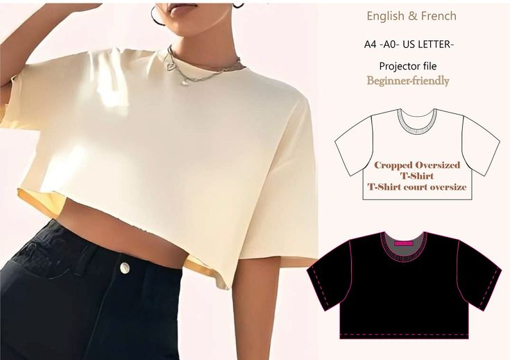 an image of a woman wearing a cropped top and black pants with the words english & french on it