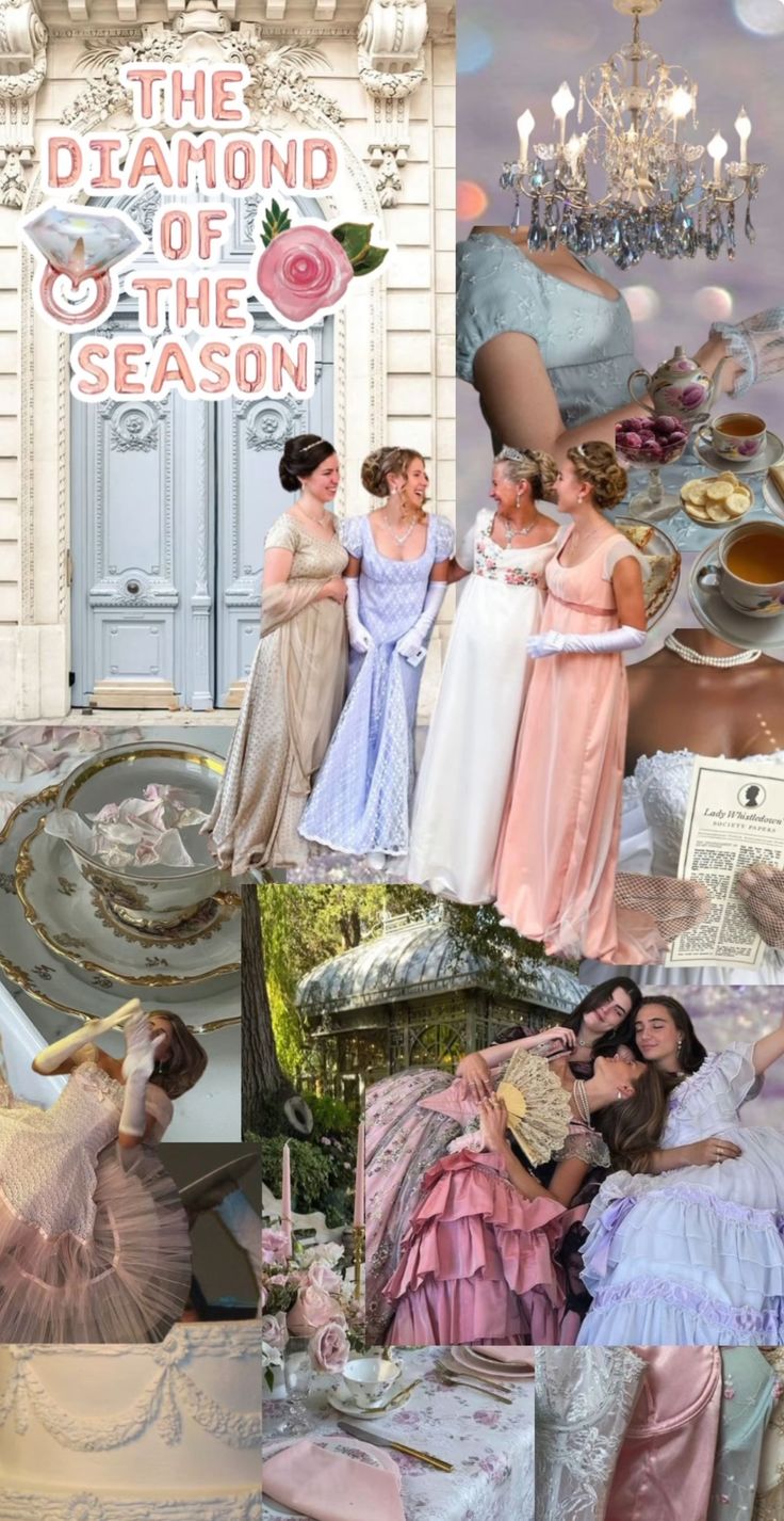 the diamond of the season collage shows women dressed in period dresses and gowns