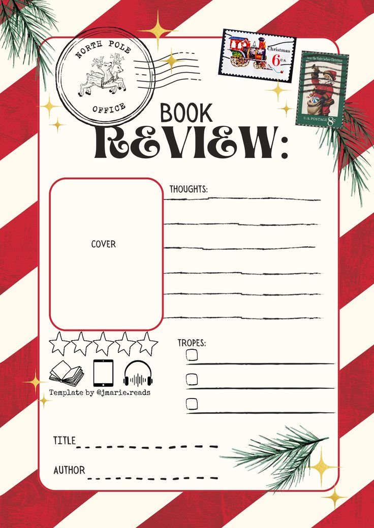 a book review with christmas decorations on the front and back cover, in red and white stripes