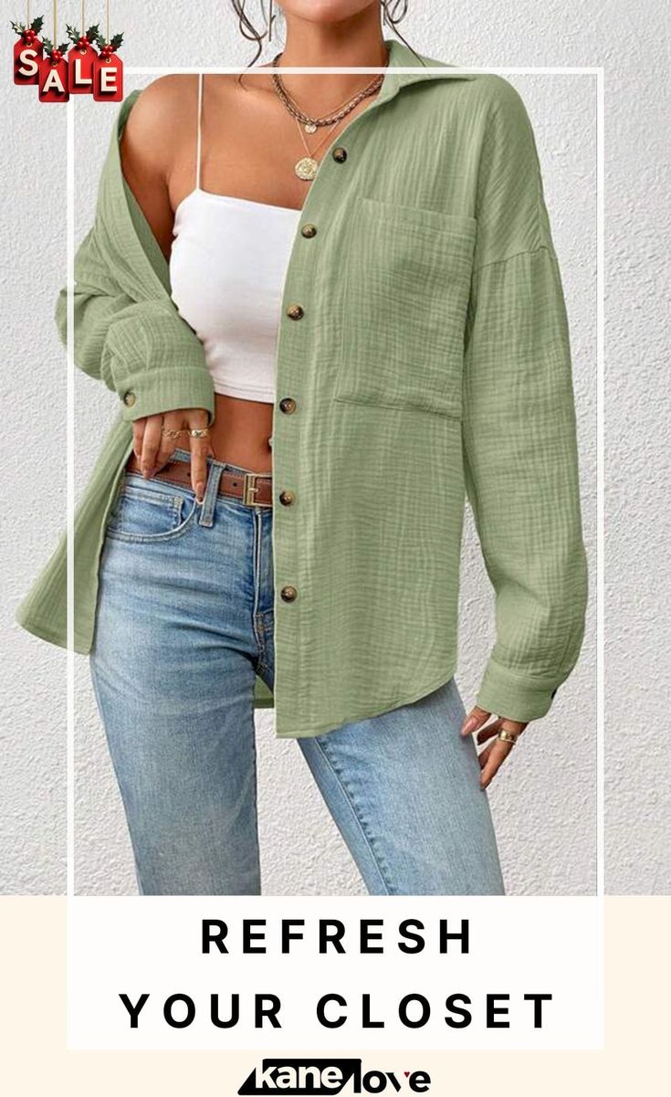 a woman wearing a green shirt and jeans with the words refresh your closet