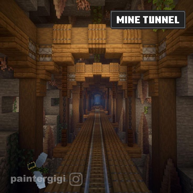 an image of a minecraft tunnel with train tracks in the foreground and trees on either side