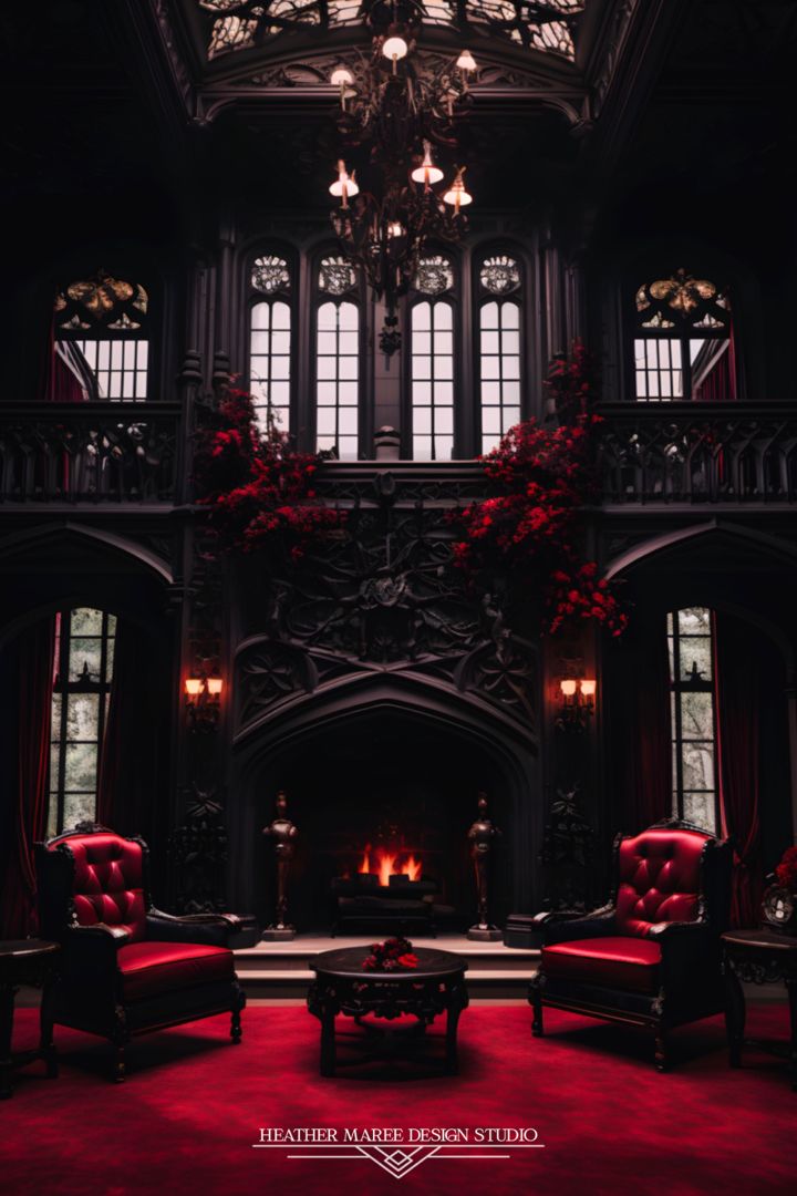 an ornate room with two red chairs and a chandelier in the center is lit by candles