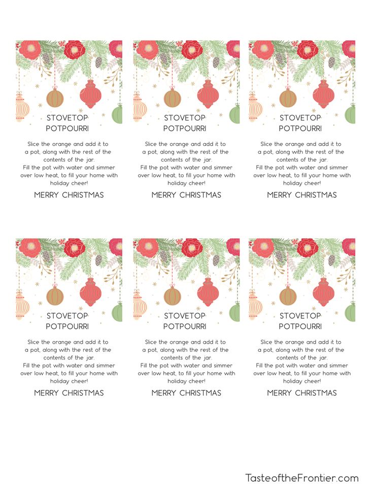 four christmas gift tags with ornaments hanging from the top and bottom, on white background