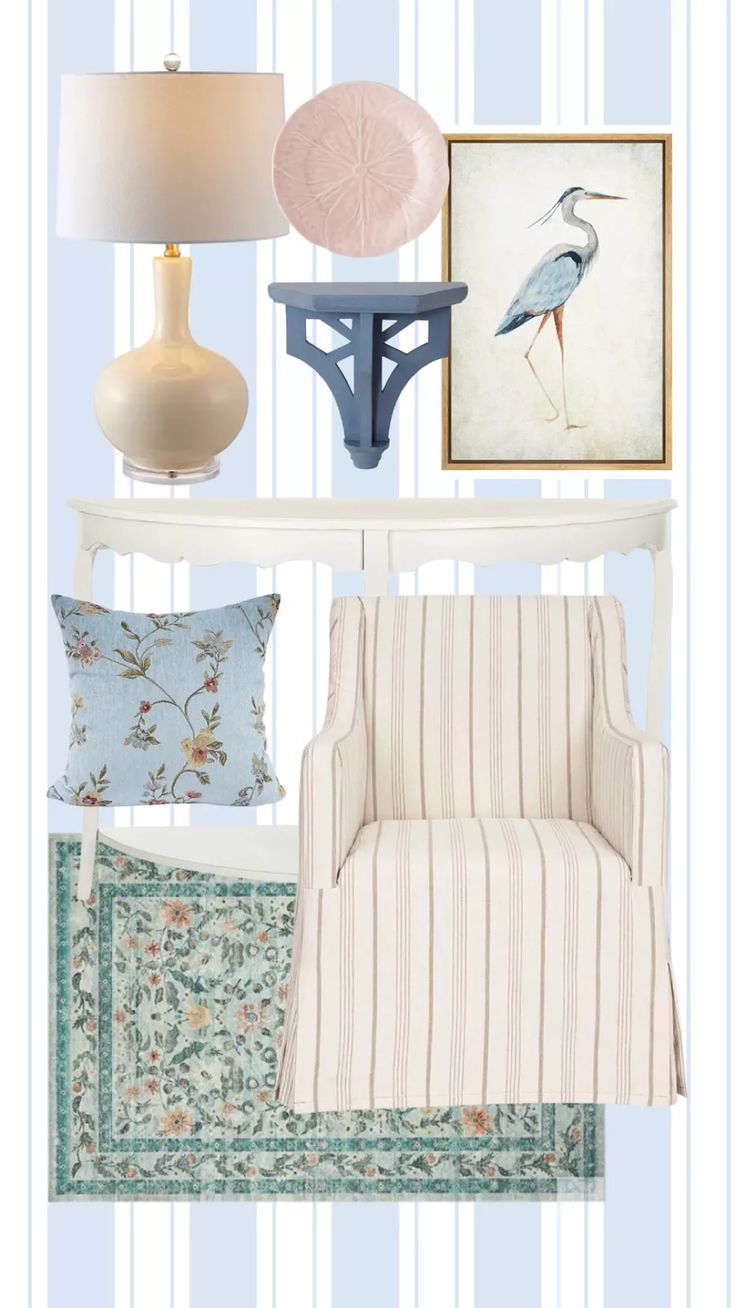 a chair, lamp and pictures on a shelf in a room with striped wallpaper