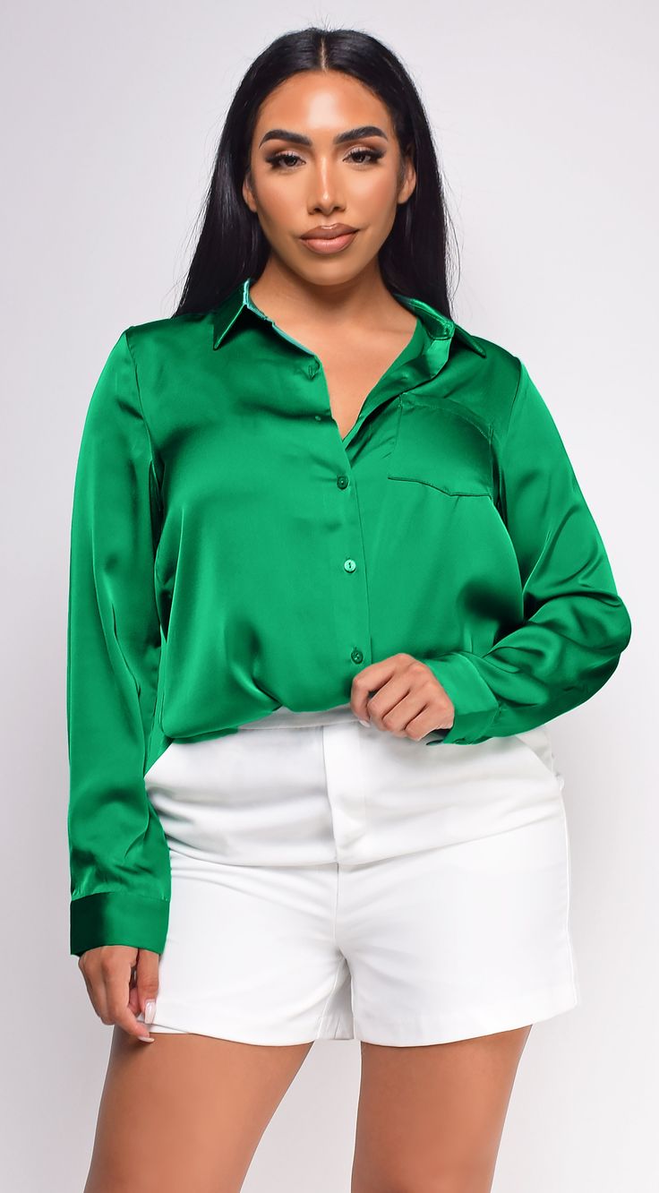 Braylee Kelly Green Satin Button Down Blouse Top – Emprada Satin Button Down Shirt, Satin Button Up, Classic Blouses, Wrap Shirt, Satin Blouses, Cami Crop Top, Satin Shirt, Satin Blouse, Satin Top